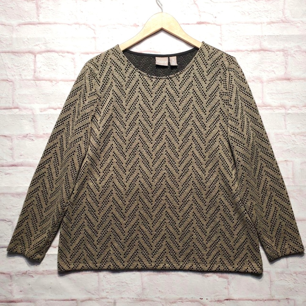 Chicos Sweater‎ Womens XL Tan Textured Chevron Knit Pullover Long Sleeve Casual